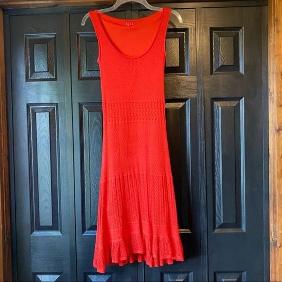 Elle Red/Orange Stretch Knit Lace Tank Dress with Ruffle Hemline Size S - Picture 1 of 9